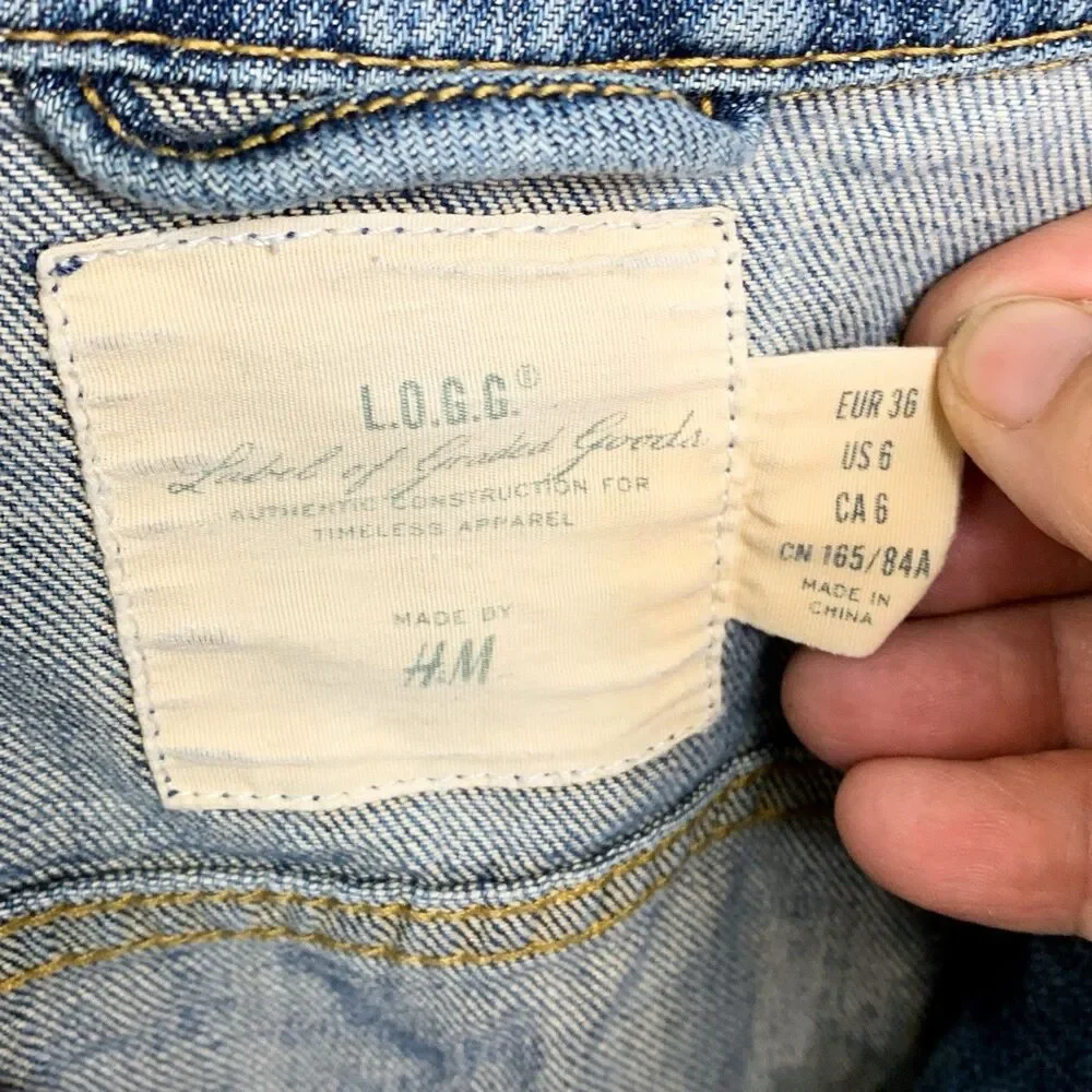 LOGG H&M Blue Faded Vintage Wash Distressed Denim Jacket Women Button Country - Picture 2 of 11